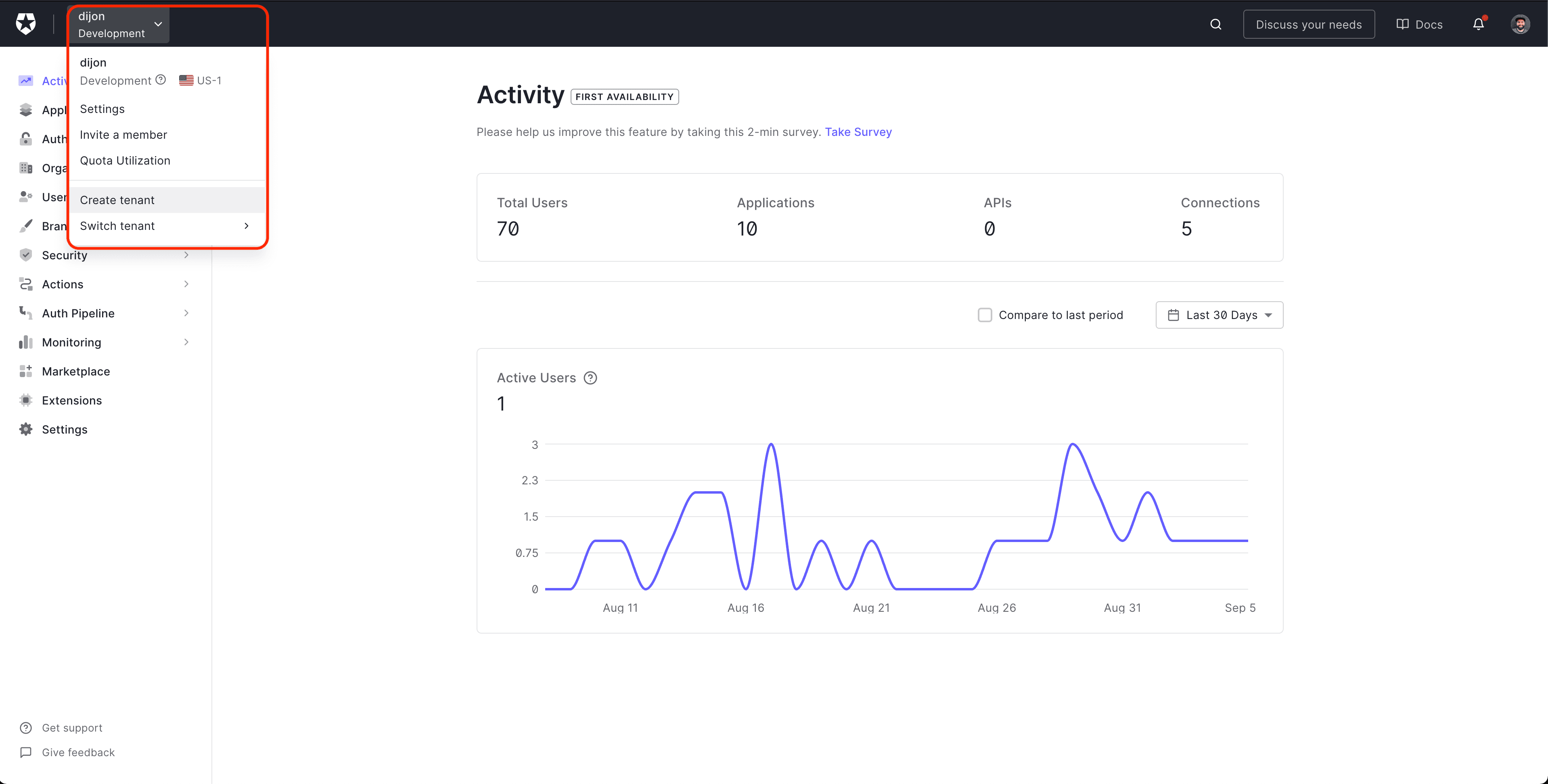 Create tenant from Auth0 dashboard