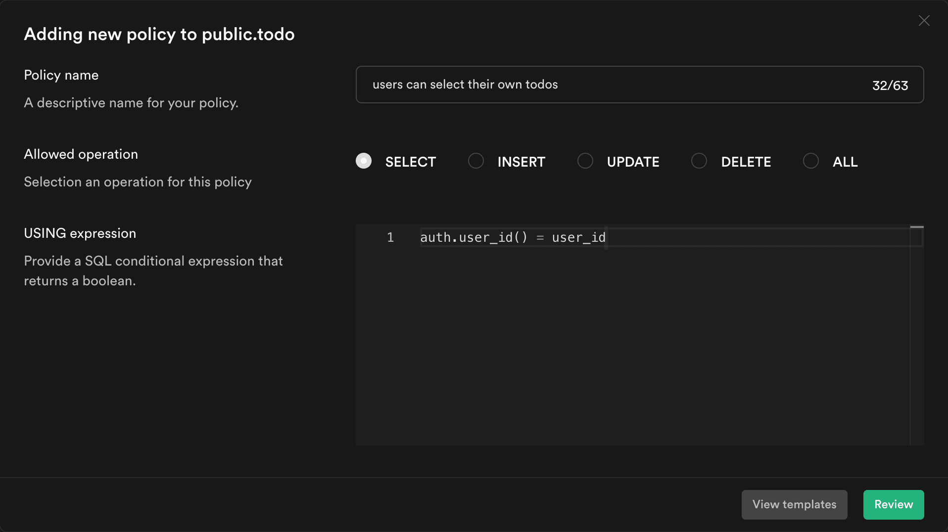 Policy settings for SELECT