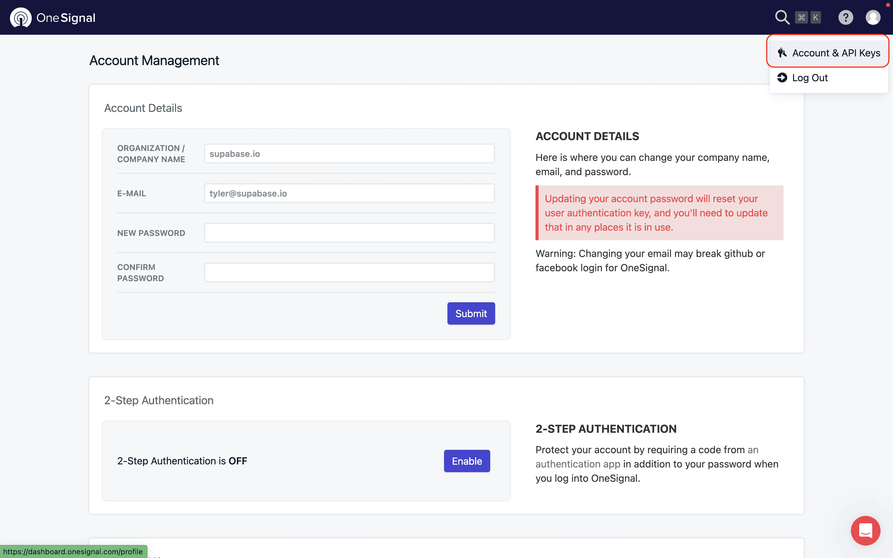 Where to find OneSignal User Auth Key